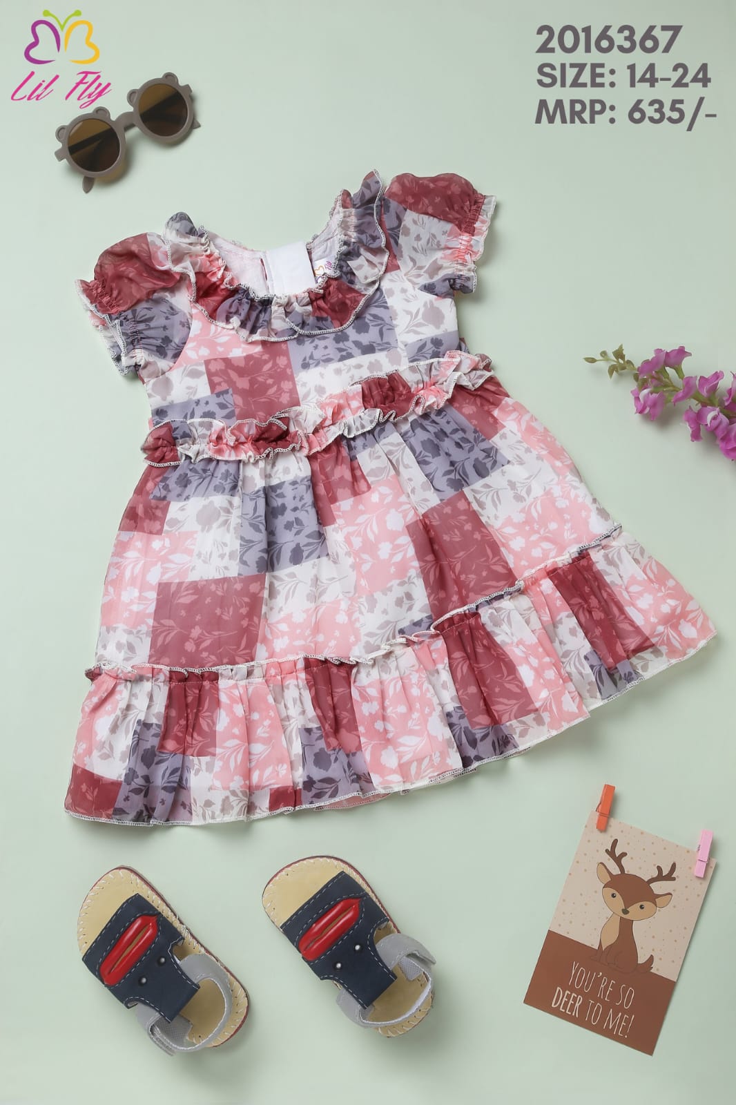 Lil Fly Chiffon Frock with back belt Floral Print with flare - Brown