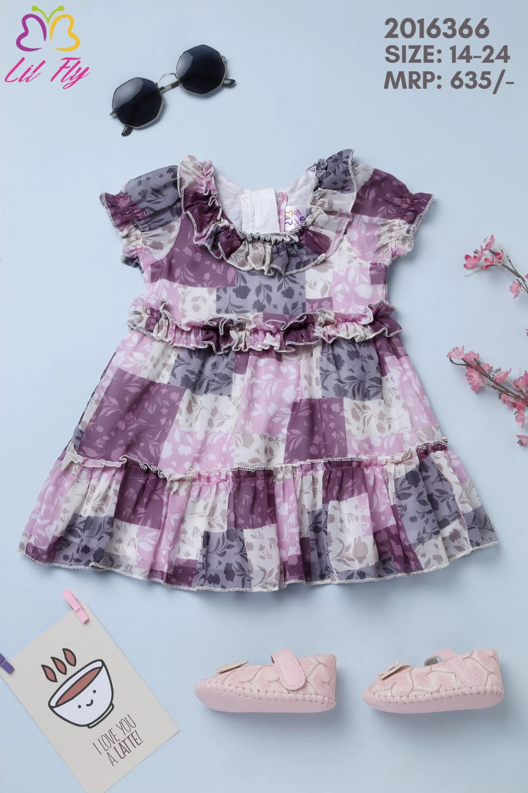 Lil Fly Chiffon Frock with back belt Floral Print with flare - Purple/Grey