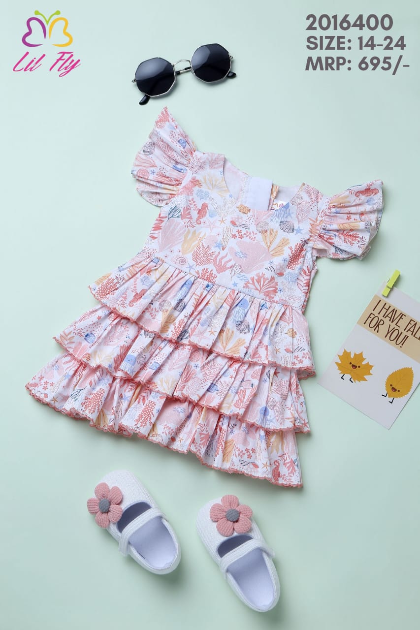 Lil Fly Cotton Flare Half Sleeves Frock with Floral Print - Peach