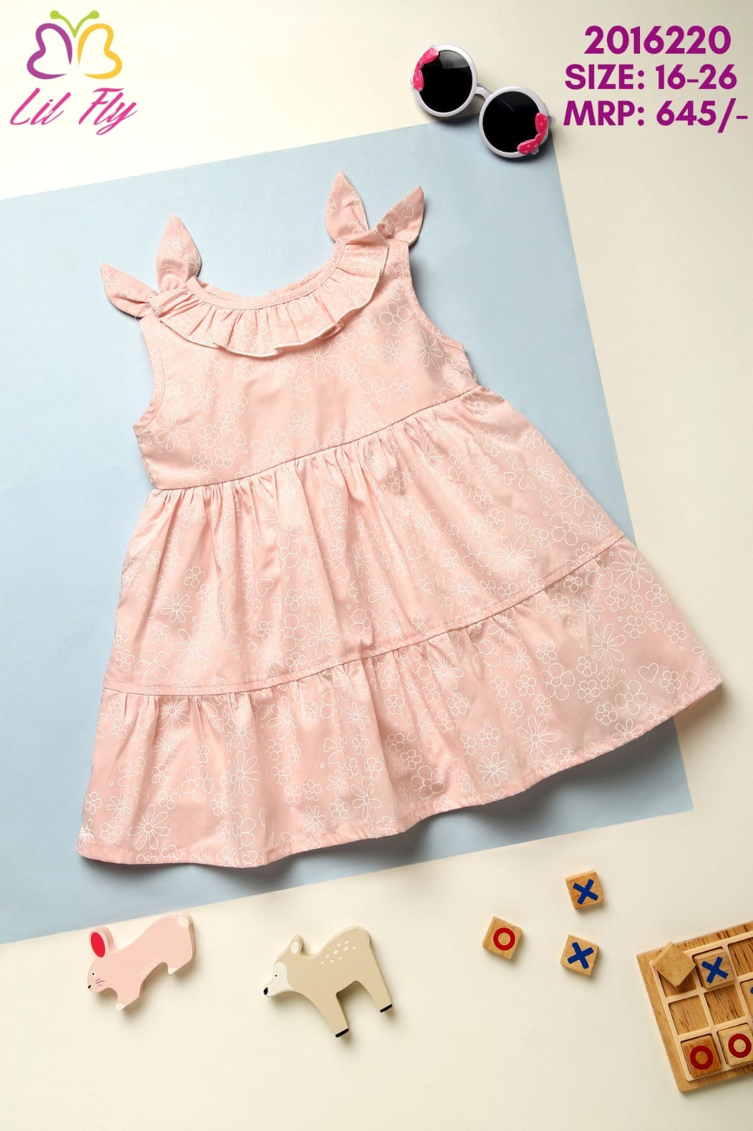 Lil Fly Cotton White Flower with Bows and Flare Neck Everyday Frock with Back Knot Belt - Pink