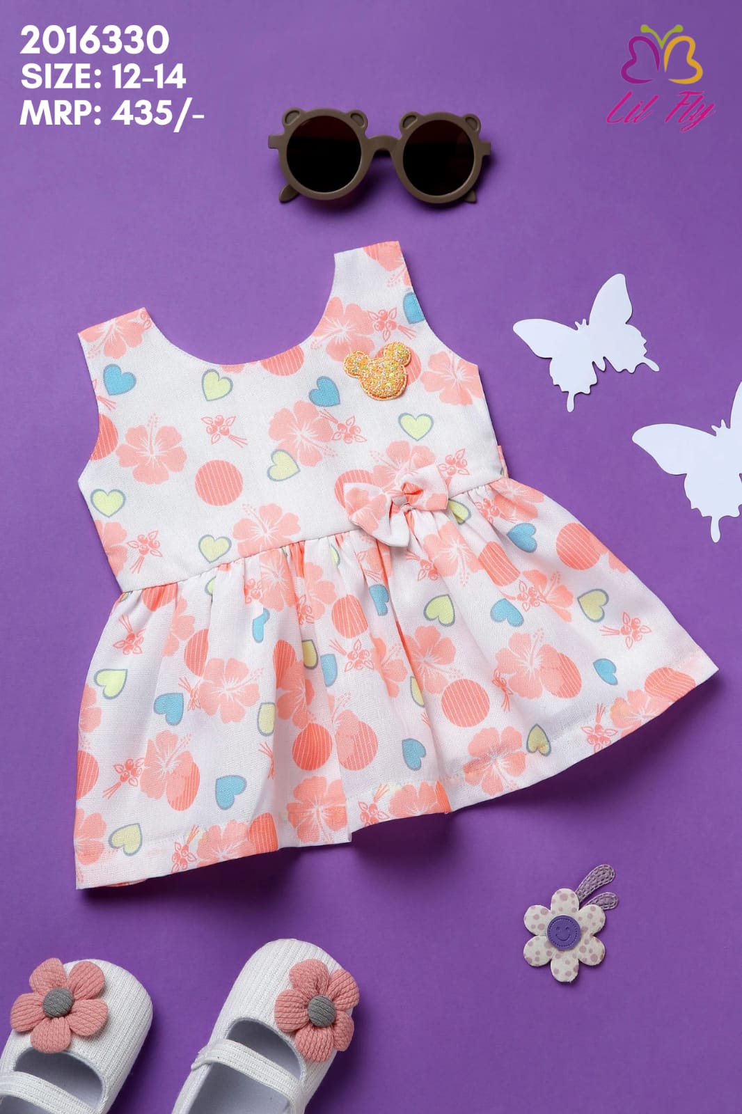 Lil Fly Cotton Print Everyday Frock with dots and bow - Orange & White
