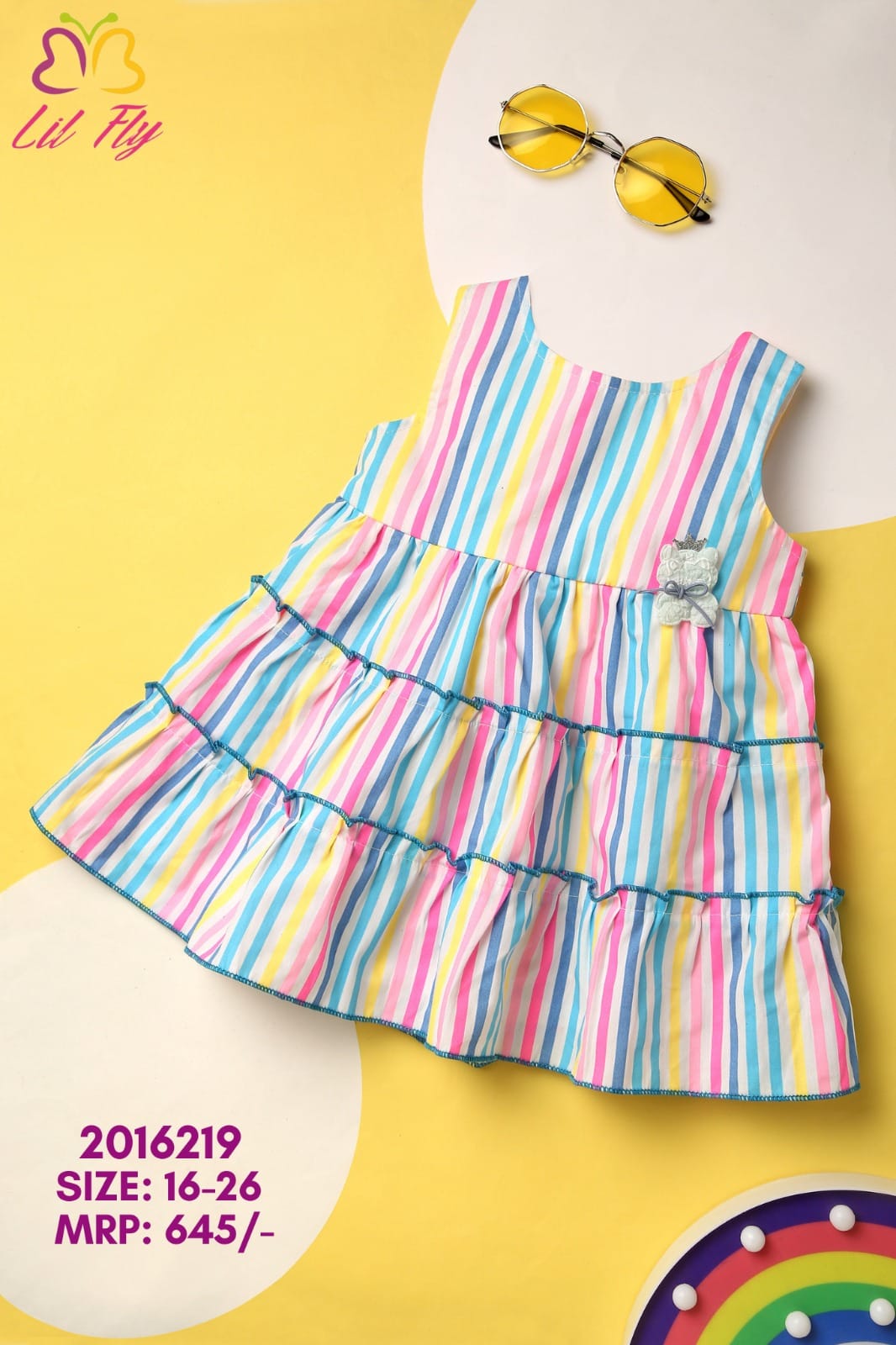Lil Fly Cotton Striped Frock with Teddy Applique Everyday Frock with Back Knot Belt - Blue