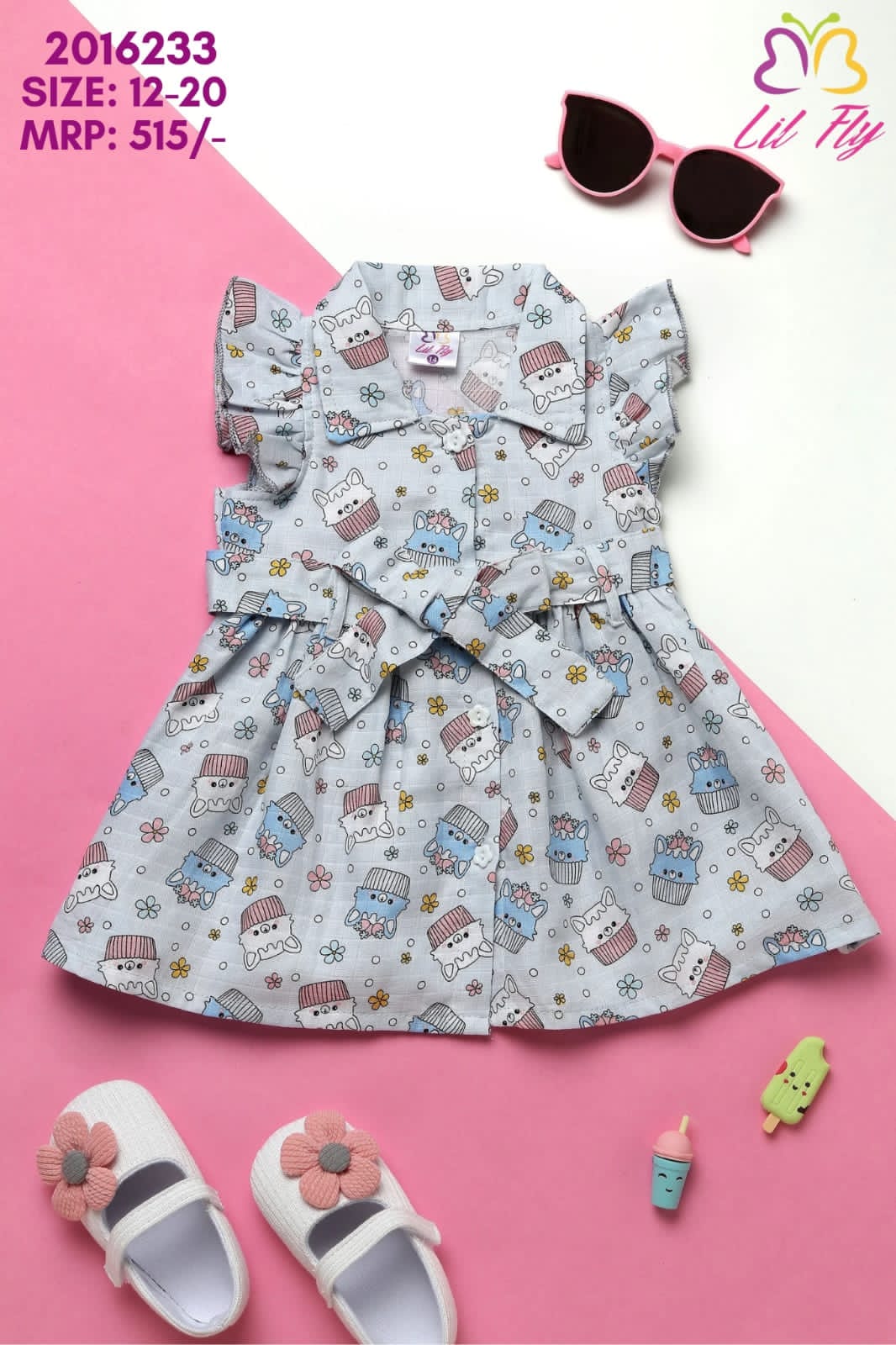 Lil Fly Muslin Cotton Frock with all over print Front Open & Belt - Blue