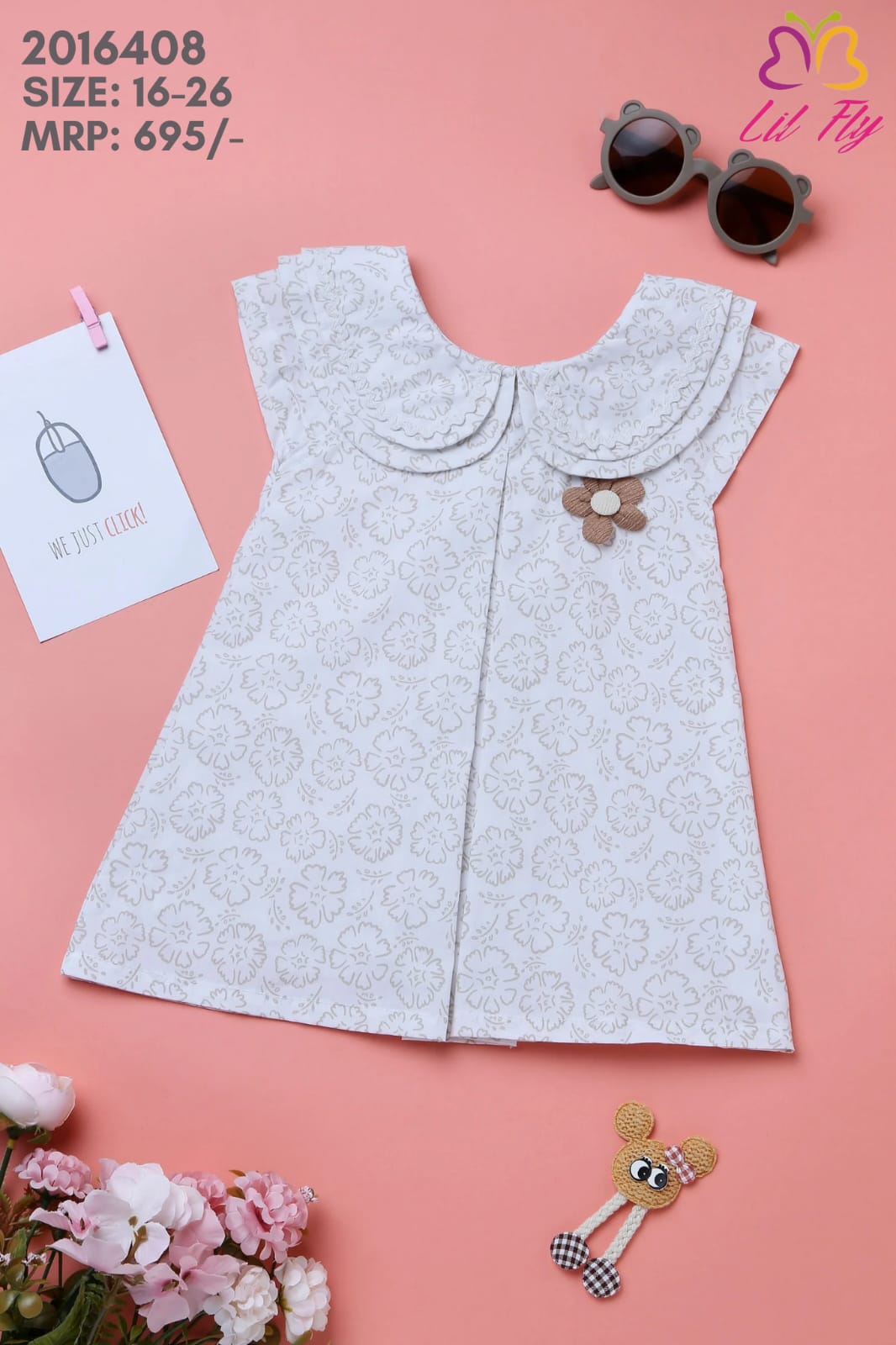 Lil Fly Cotton Floral Collor Frock with Mini Sleeves and Flower Applique - White & Brown
