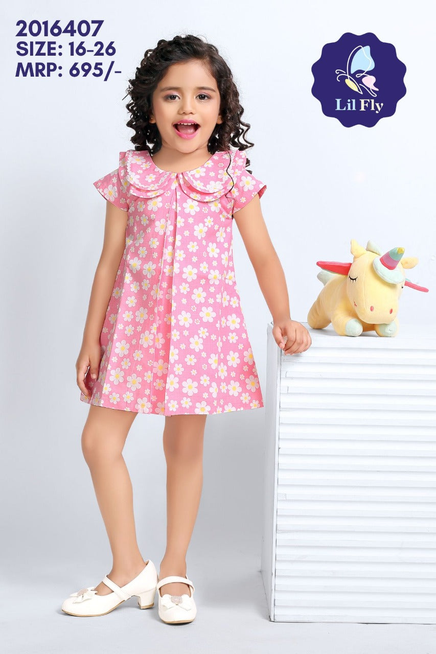 Lil Fly Cotton Floral Collor Frock with Mini Sleeves and Flower Applique - Pink