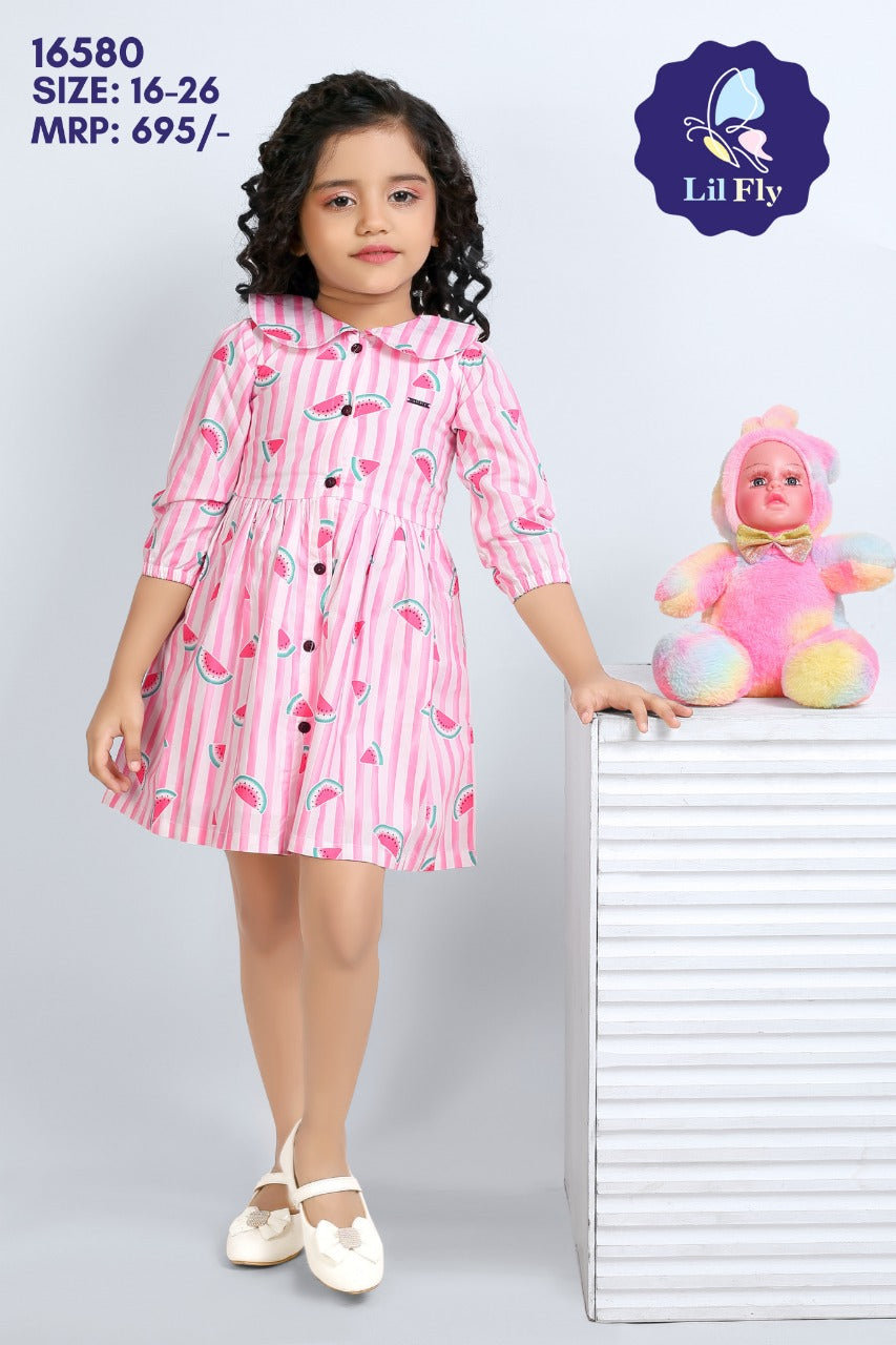 Lil Fly Cotton Collor Frock with sleeves and Front Open Watermelon Print - Pink