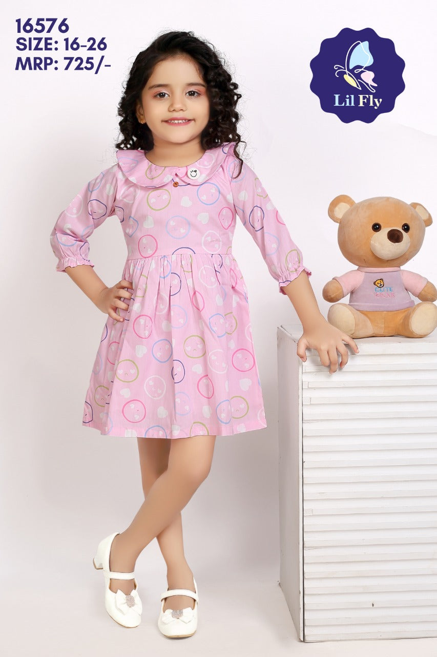 Lil Fly Cotton Frock with sleeves and back belt Smiley Print - Pink