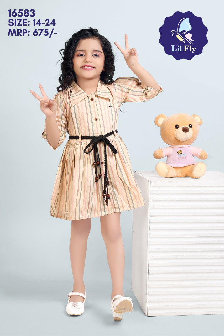 Lil Fly Cotton Striped Collor Front Open Frock with sleeves and Belt - Mustard