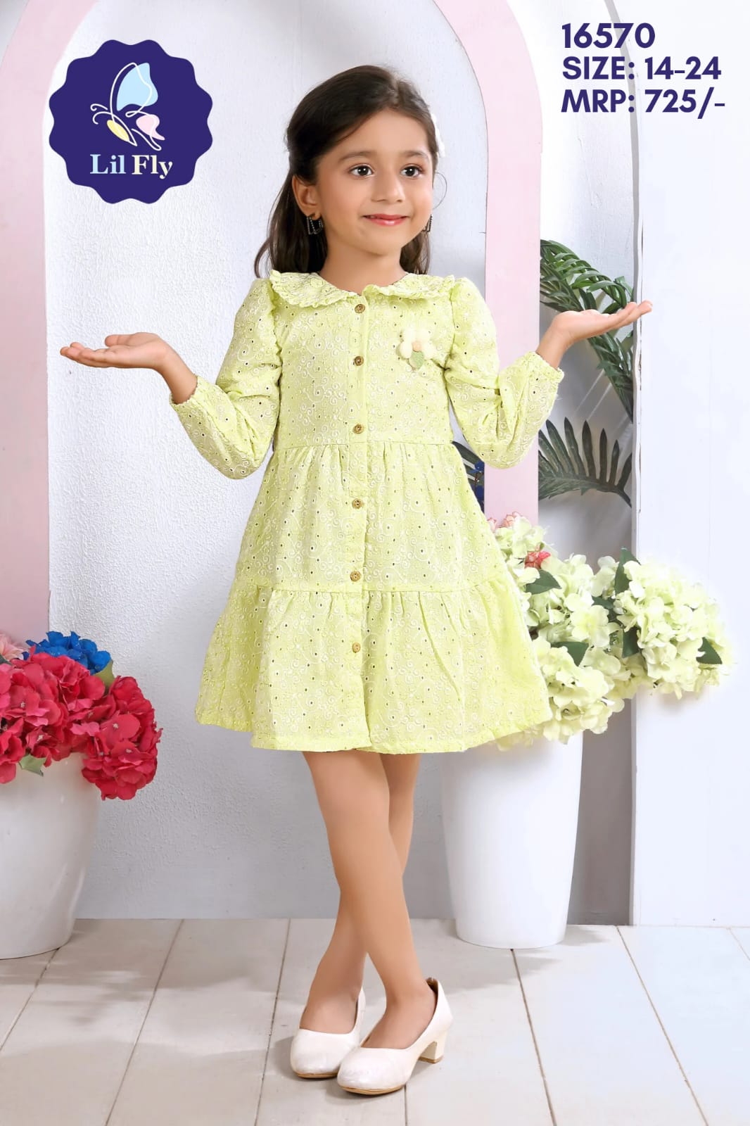 Lil Fly Cotton Chicken Collor Frock with sleeves and Front Open with Flower Applique - Lemon