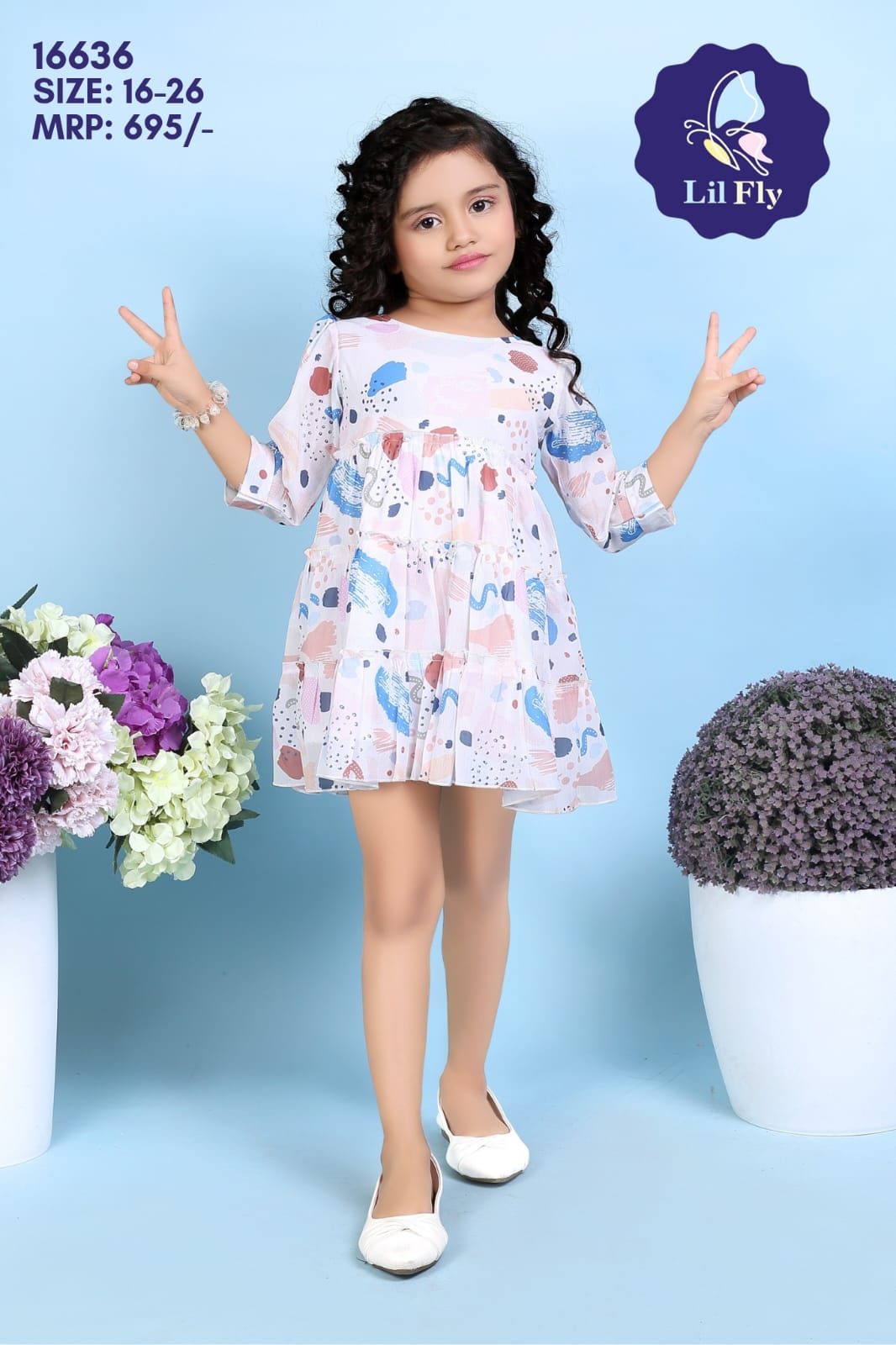 Lil Fly Chiffon Frock with sleeves and back belt Notical Print - White