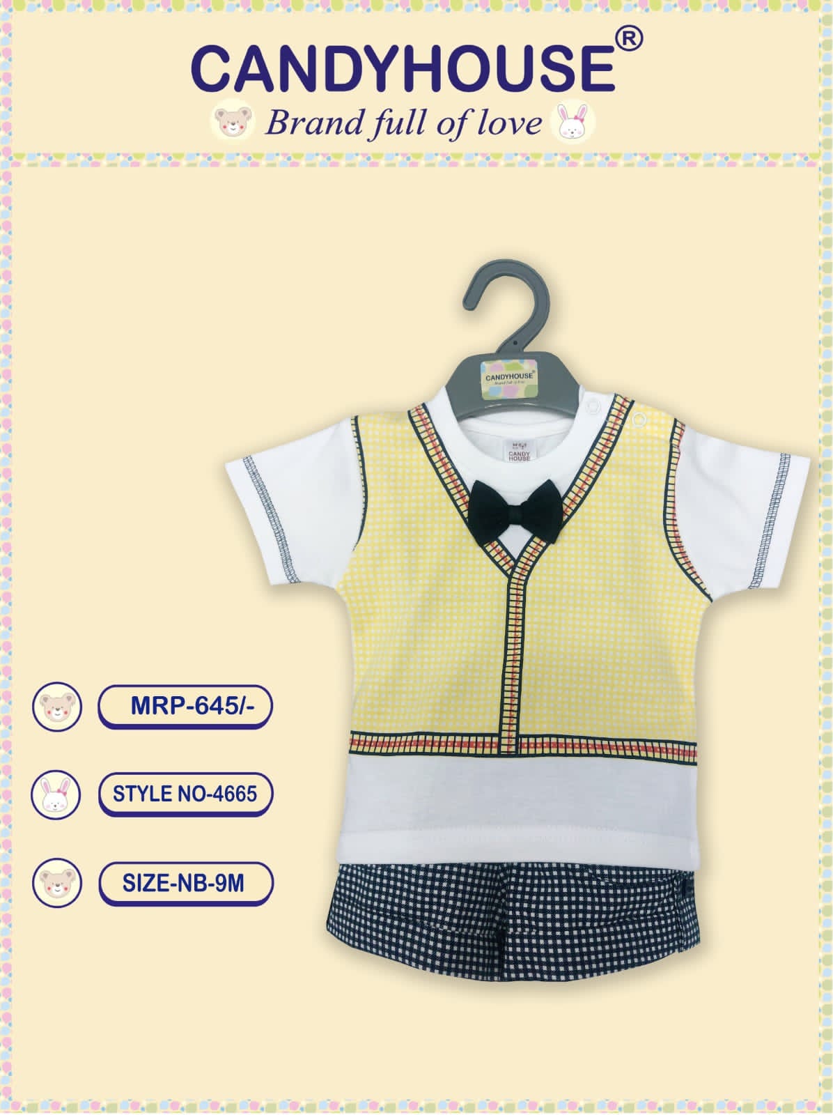 Candyhouse Half Sleeves Tshirt & Shorts with Tie & Attached Waistcoat- White & Navy Blue