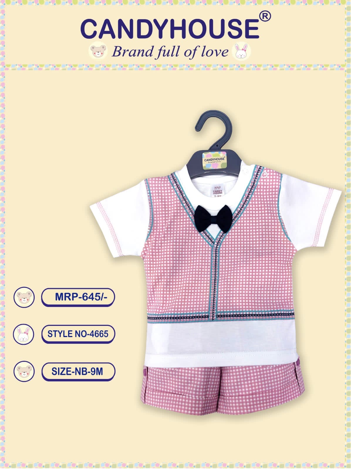 Candyhouse Half Sleeves T shirt & Shorts with Tie & Attached Waistcoat- White & Pink
