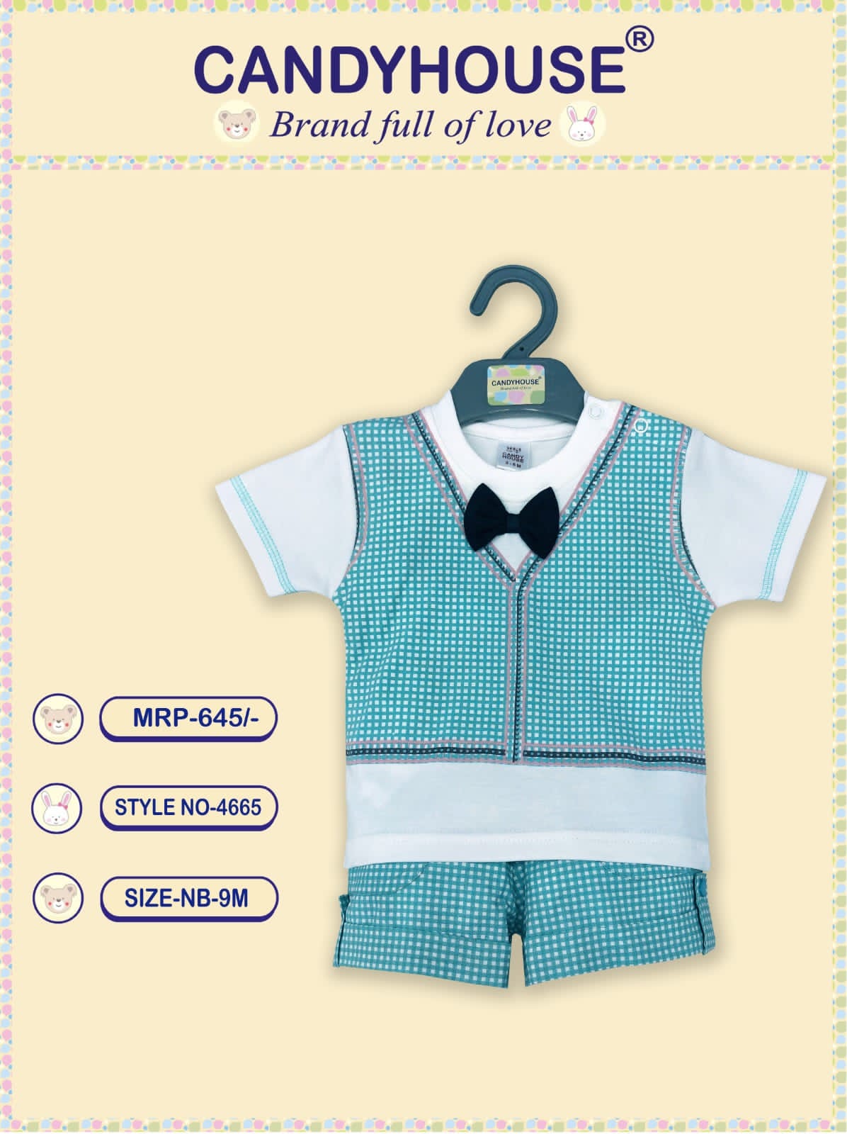 Candyhouse Half Sleeves T shirt & Shorts with Tie & Attached Waistcoat- White & Green