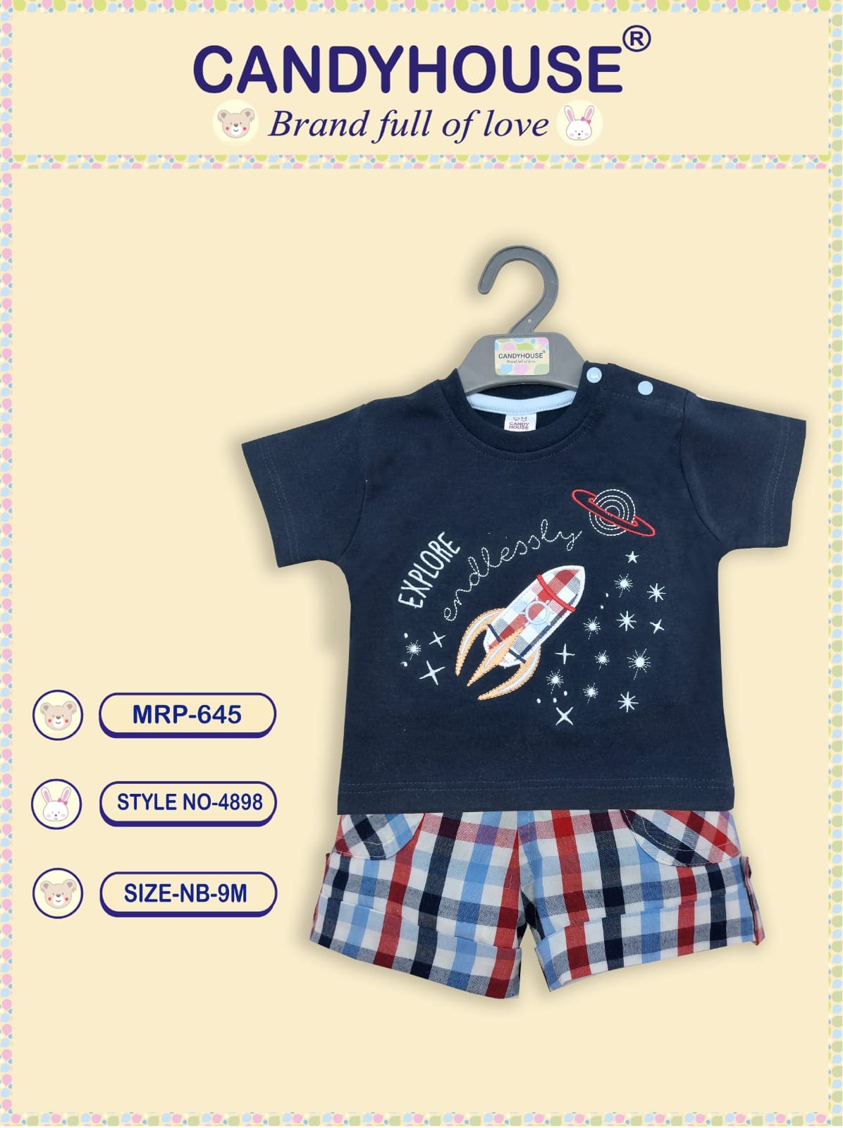 Candyhouse Half Sleeves Tshirt & Shorts with Embroidery and Textile Shorts - Navy Blue & Checks