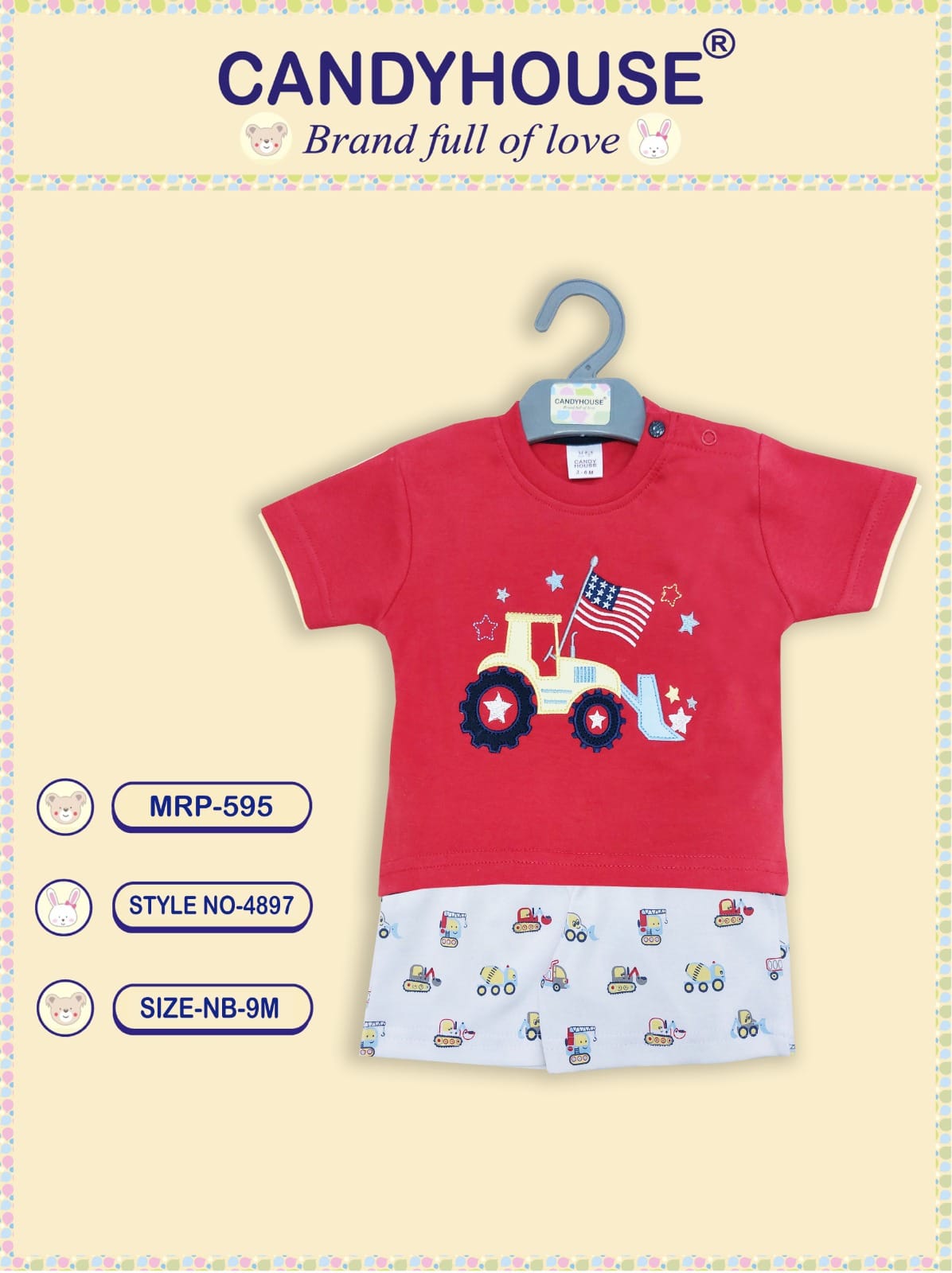 Candyhouse Cotton Knit Half Sleeves T-Shirt & Shorts Set White & Red With Embroidery