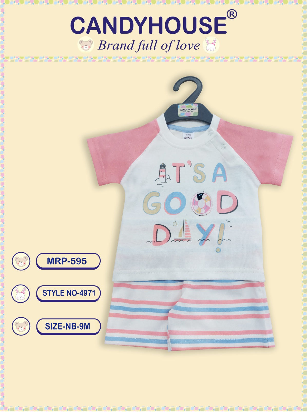 Candyhouse Cotton Knit Half Sleeves T-Shirt & Shorts Set White & Baby Pink With Print on T shirt