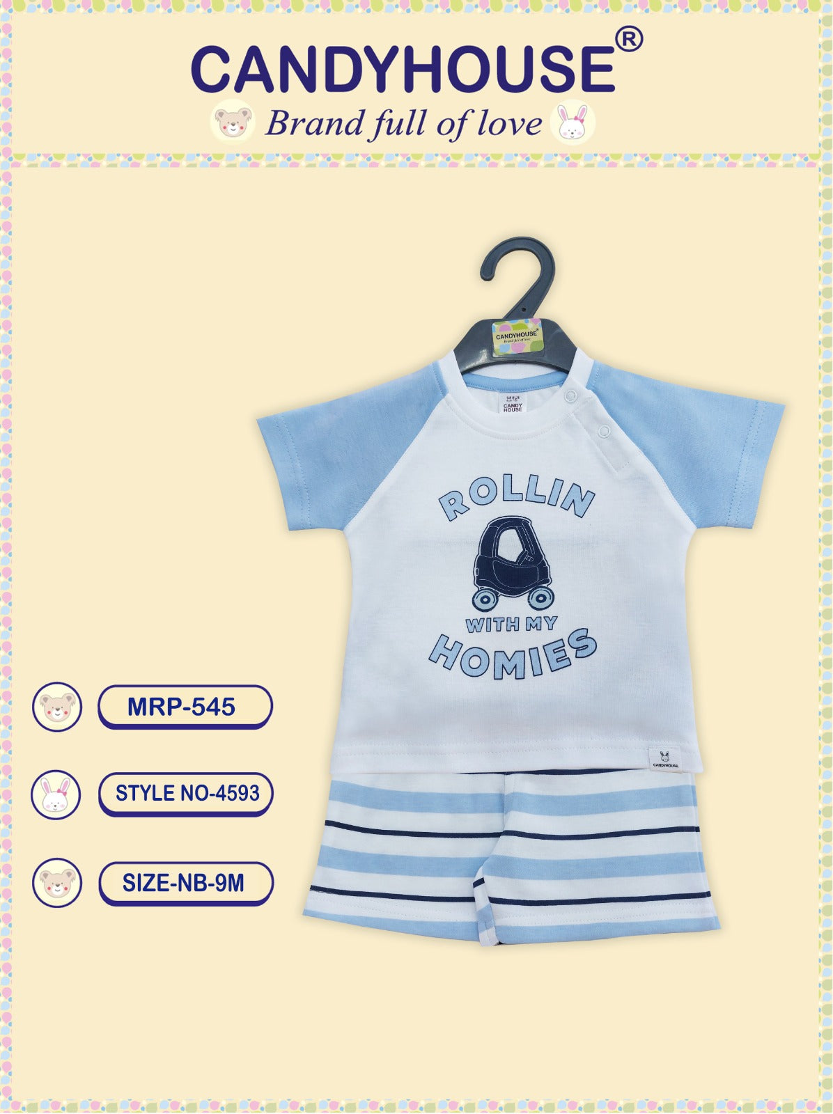 Candyhouse Cotton Knit Half Sleeves T-Shirt & Shorts Set White & Sly Blue With Print on T shirt