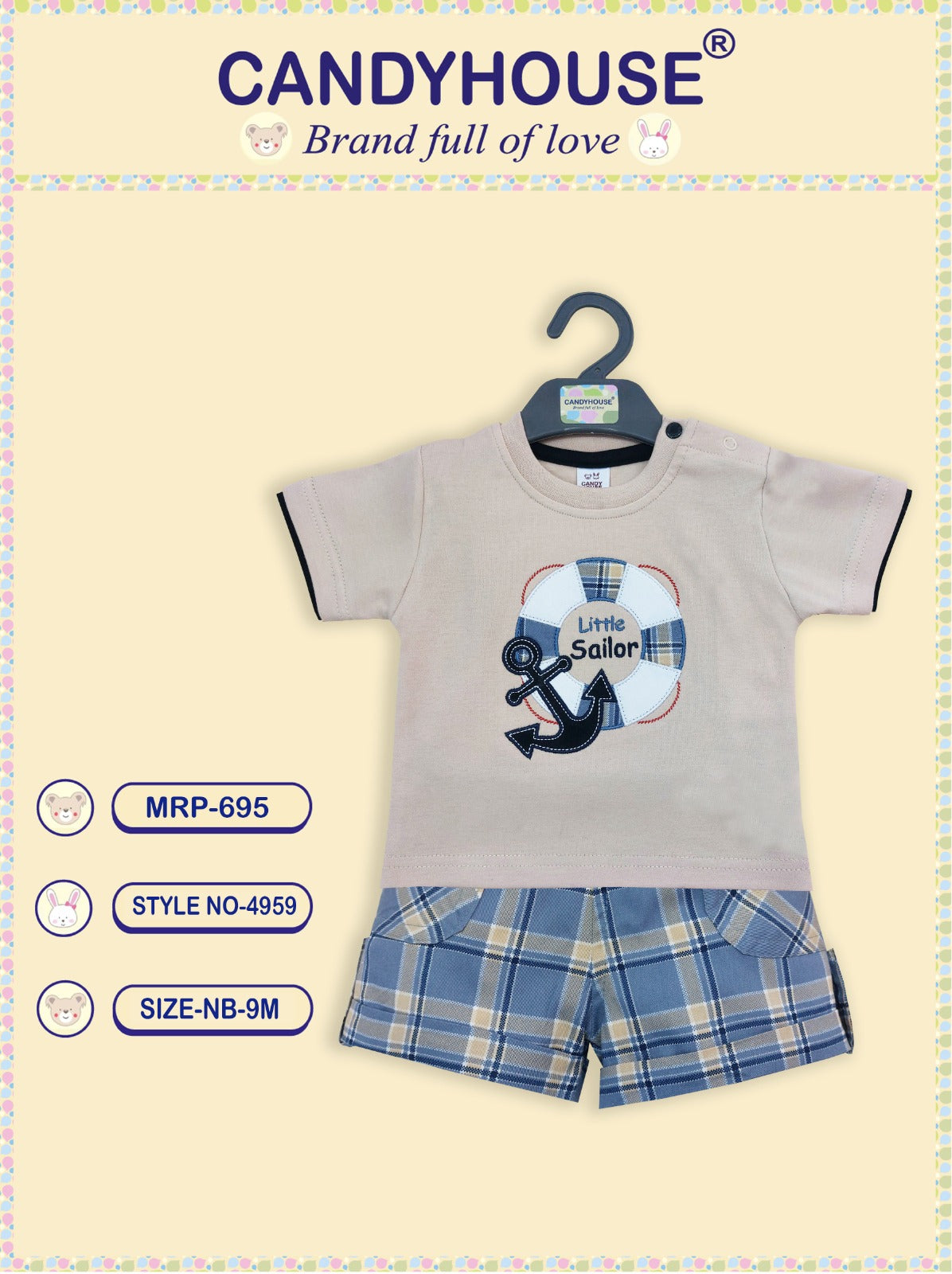Candyhouse Half Sleeves Tshirt & Shorts with Embroidery and Textile Shorts - Beige & Blue Checks