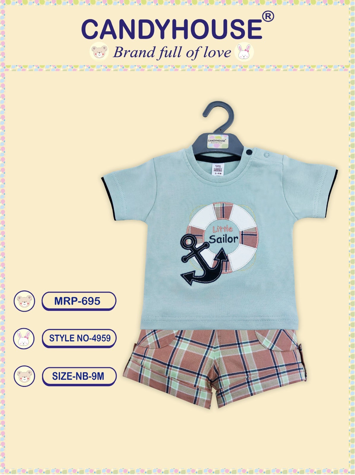 Candyhouse Half Sleeves Tshirt & Shorts with Embroidery and Textile Shorts - Pista & Brown Checks