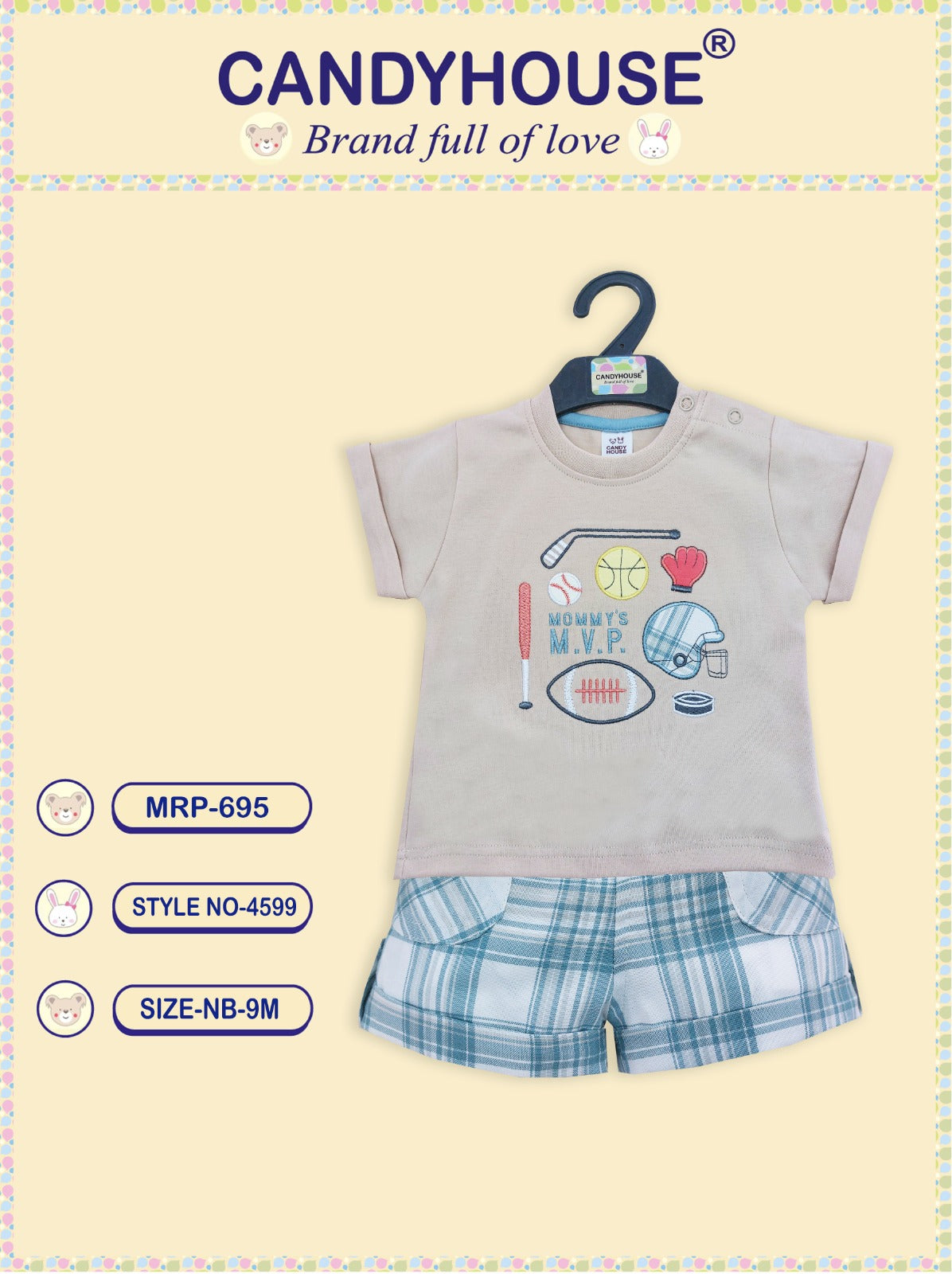 Candyhouse Half Sleeves Tshirt & Shorts with Embroidery and Textile Shorts - Beige & White Checks