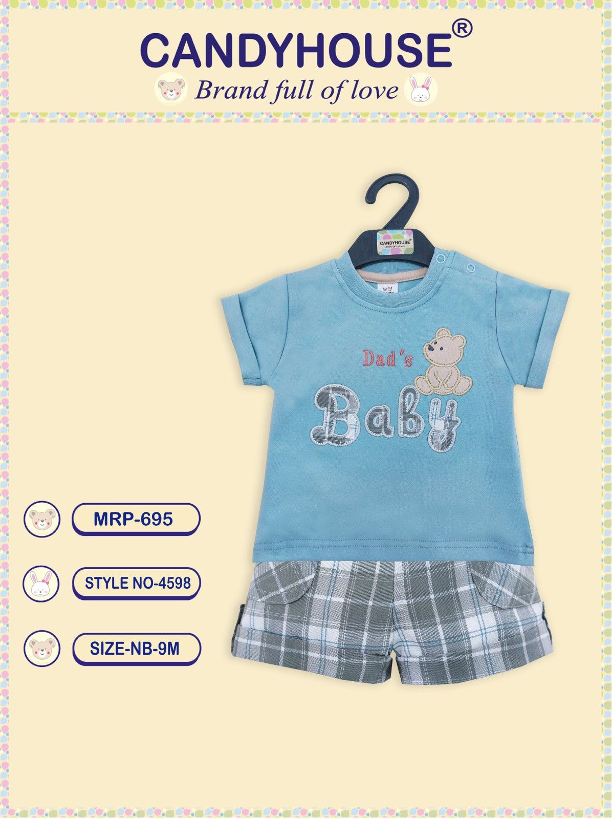 Candyhouse Half Sleeves Tshirt & Shorts with Embroidery and Textile Shorts - Pista & White Checks