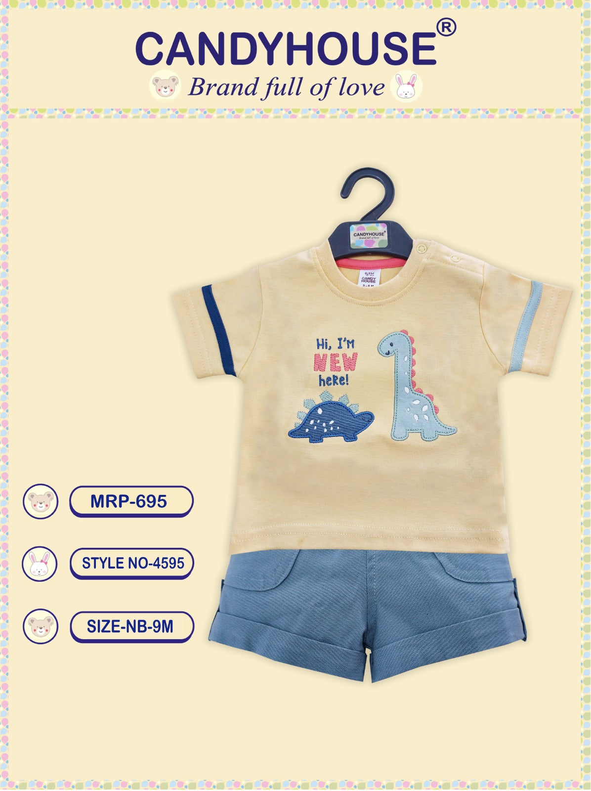Candyhouse Half Sleeves Tshirt & Shorts with Embroidery and Cordoroy shorts - Yellow & Blue