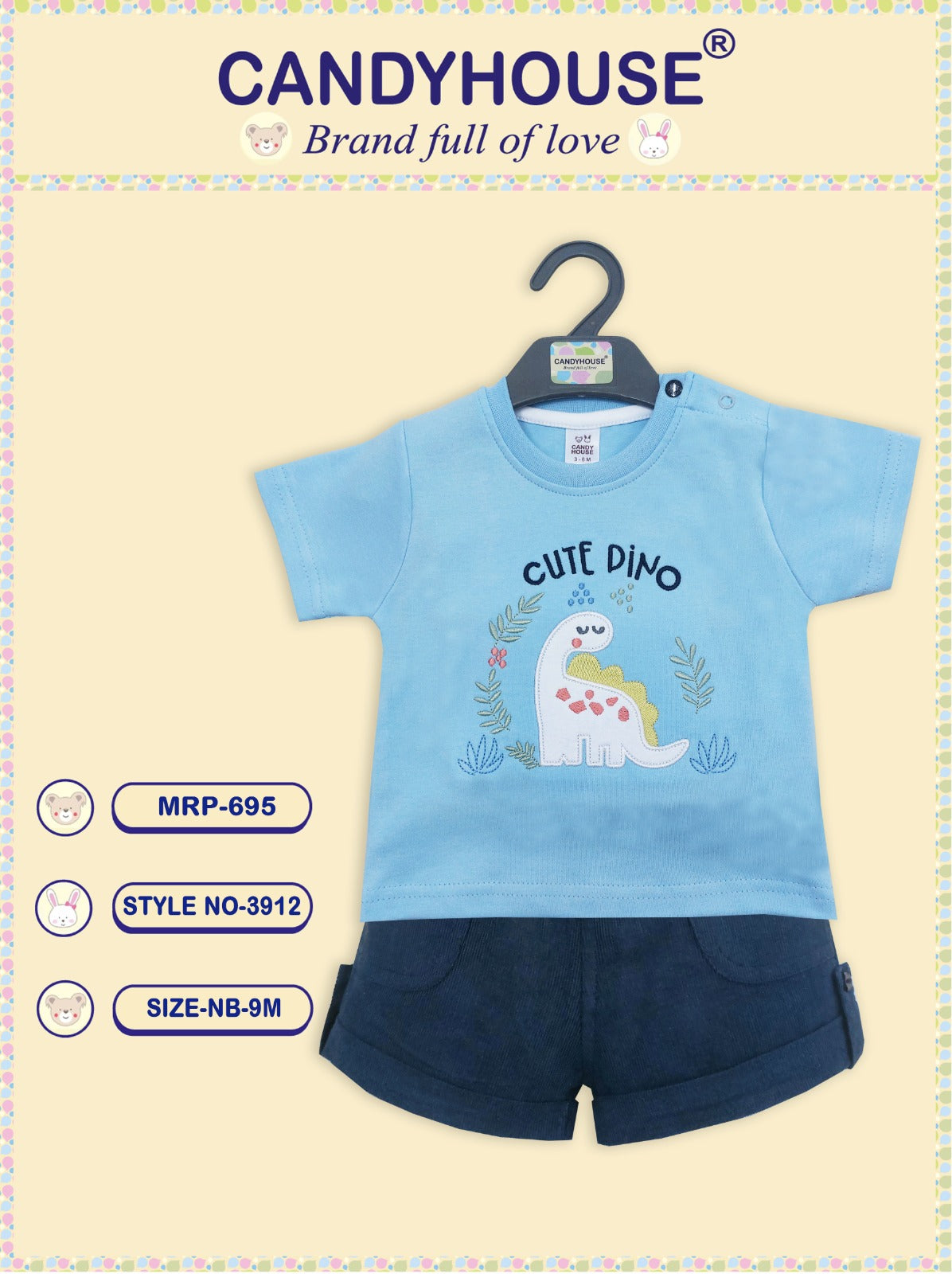 Candyhouse Half Sleeves Tshirt & Shorts with Embroidery and Cordoroy shorts - Light Blue & Navy