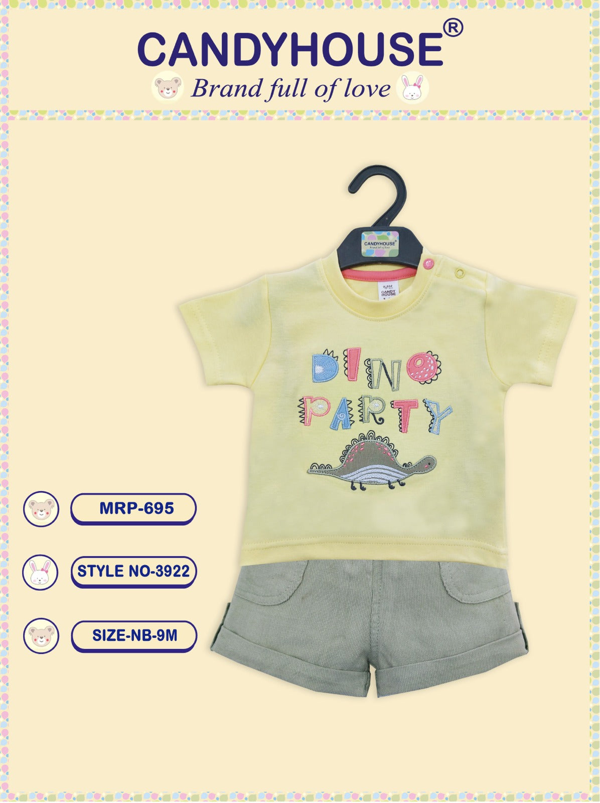 Candyhouse Half Sleeves Tshirt & Shorts with Embroidery and Cordoroy shorts - Lemon & Green