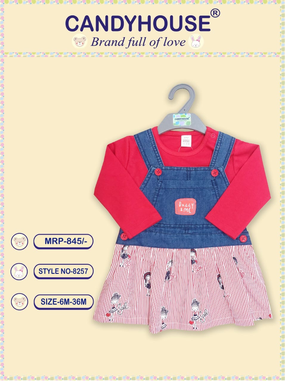 CandyHouse Woven Denim Frock With Full Sleeves Inner Tee With Cotton Flare - Red