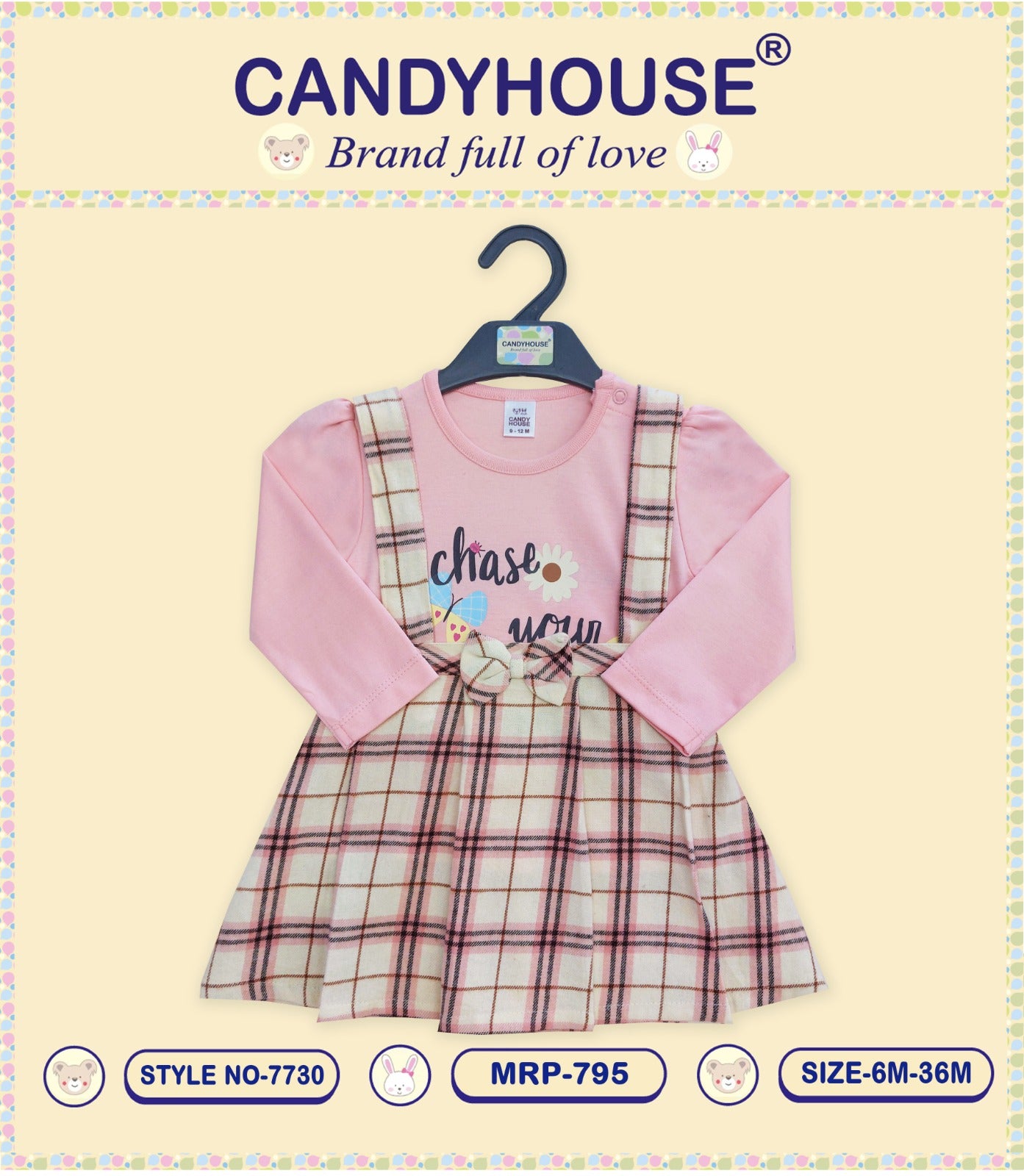 CandyHouse Woven Cotton Yarn Dyed Striped Print Frock With Full Sleeves Printed Tee - Checkered