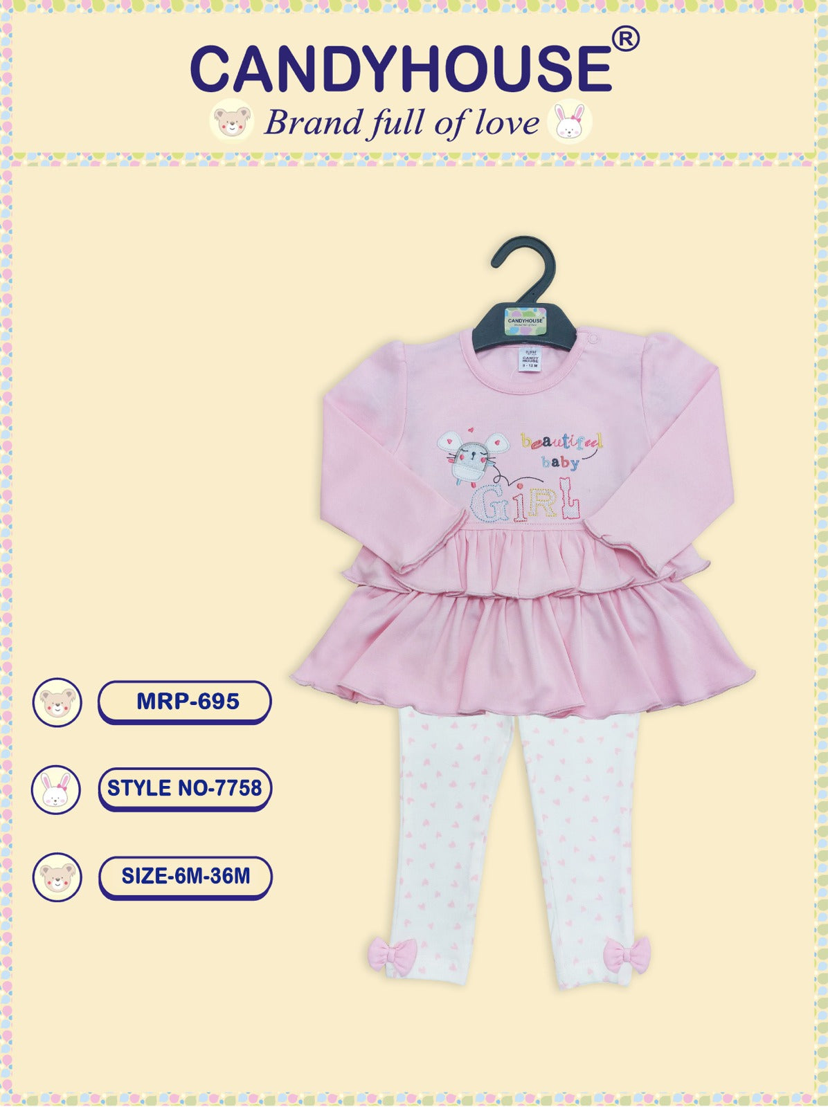 Candyhouse Interlock Knitted Full Sleeves Top with Embroidery & Leggings Set with Heart Print - Onion