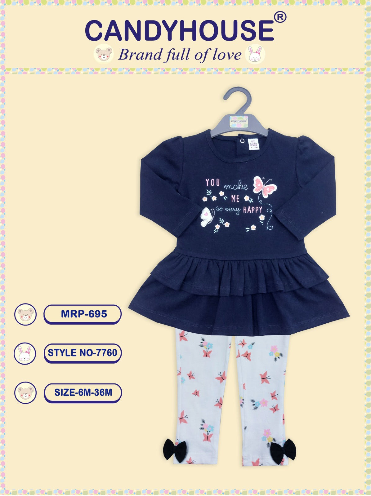 Candyhouse Interlock Knitted Full Sleeves Top with Embroidery & Leggings Set with Butterfly Print - Navy
