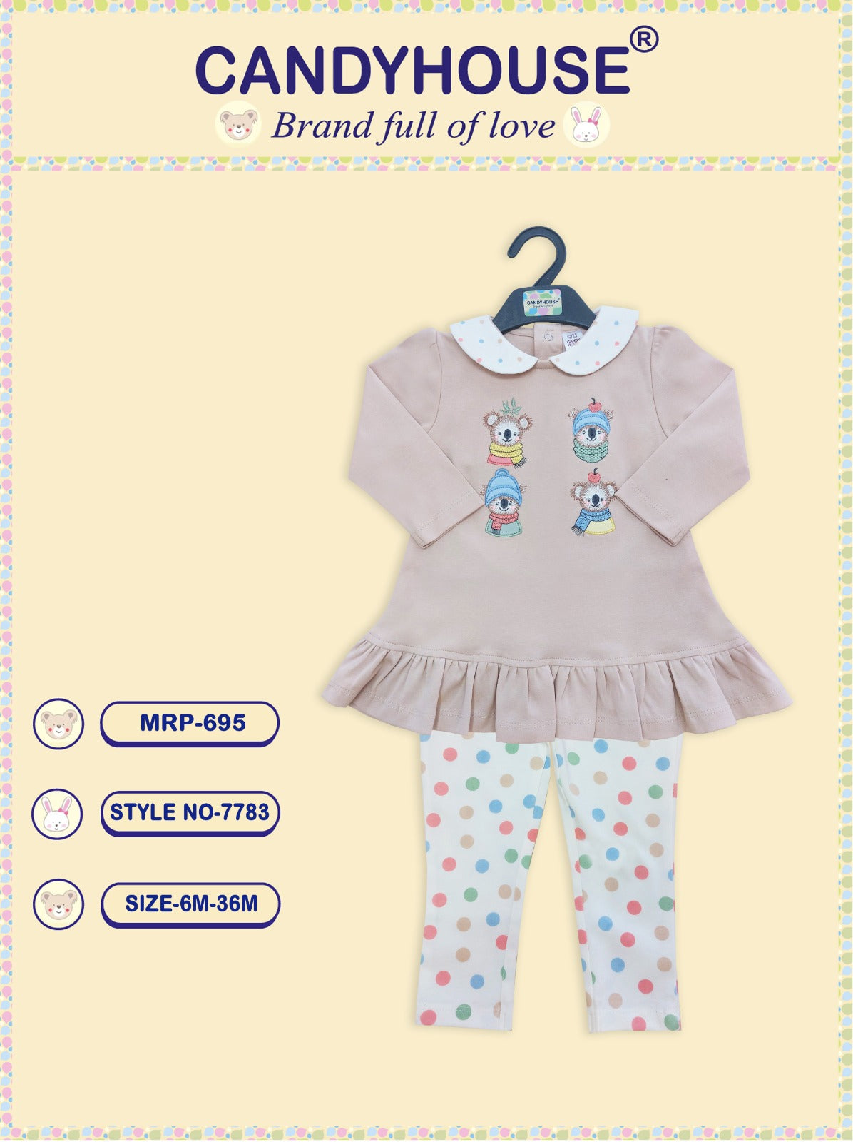 Candyhouse Interlock Knitted Full Sleeves Top with Embroidery & Leggings Set with Bear Print - Beige