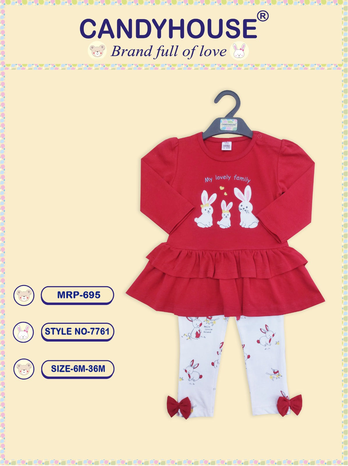 Candyhouse Interlock Knitted Full Sleeves Top with Embroidery & Leggings Set with Rabbit Print - Red