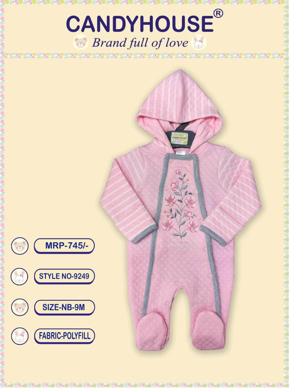 CandyHouse Full Sleeves Front Open Winter Wear Polyfill Hooded Romper with Embroidery - Pink & Grey