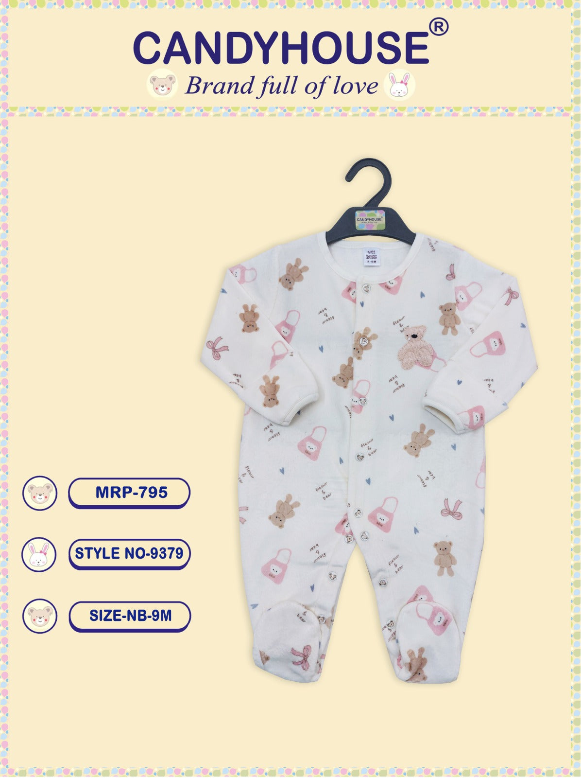 CandyHouse Full Sleeves Front Open Winter Wear Bonded Fleece Romper with Teddy Print - White