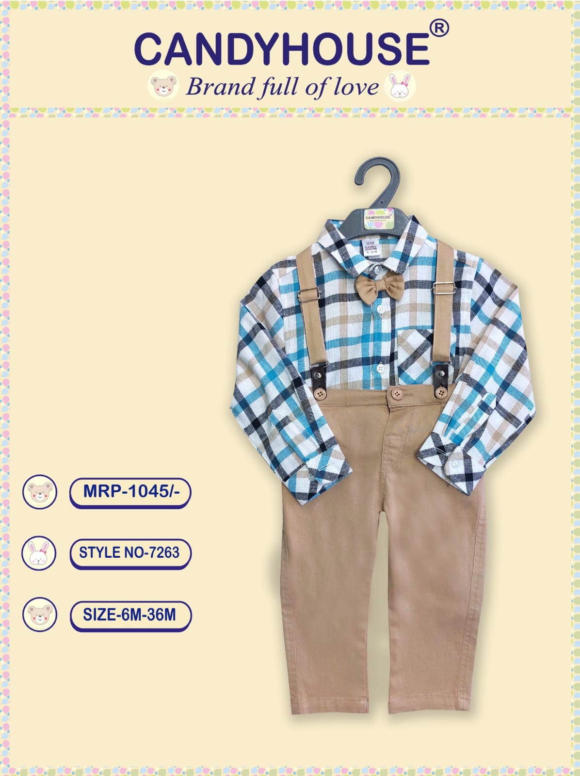 CandyHouse Full Sleeves Checked Shirt with attached Bow & Pant Suspender Set - Beige