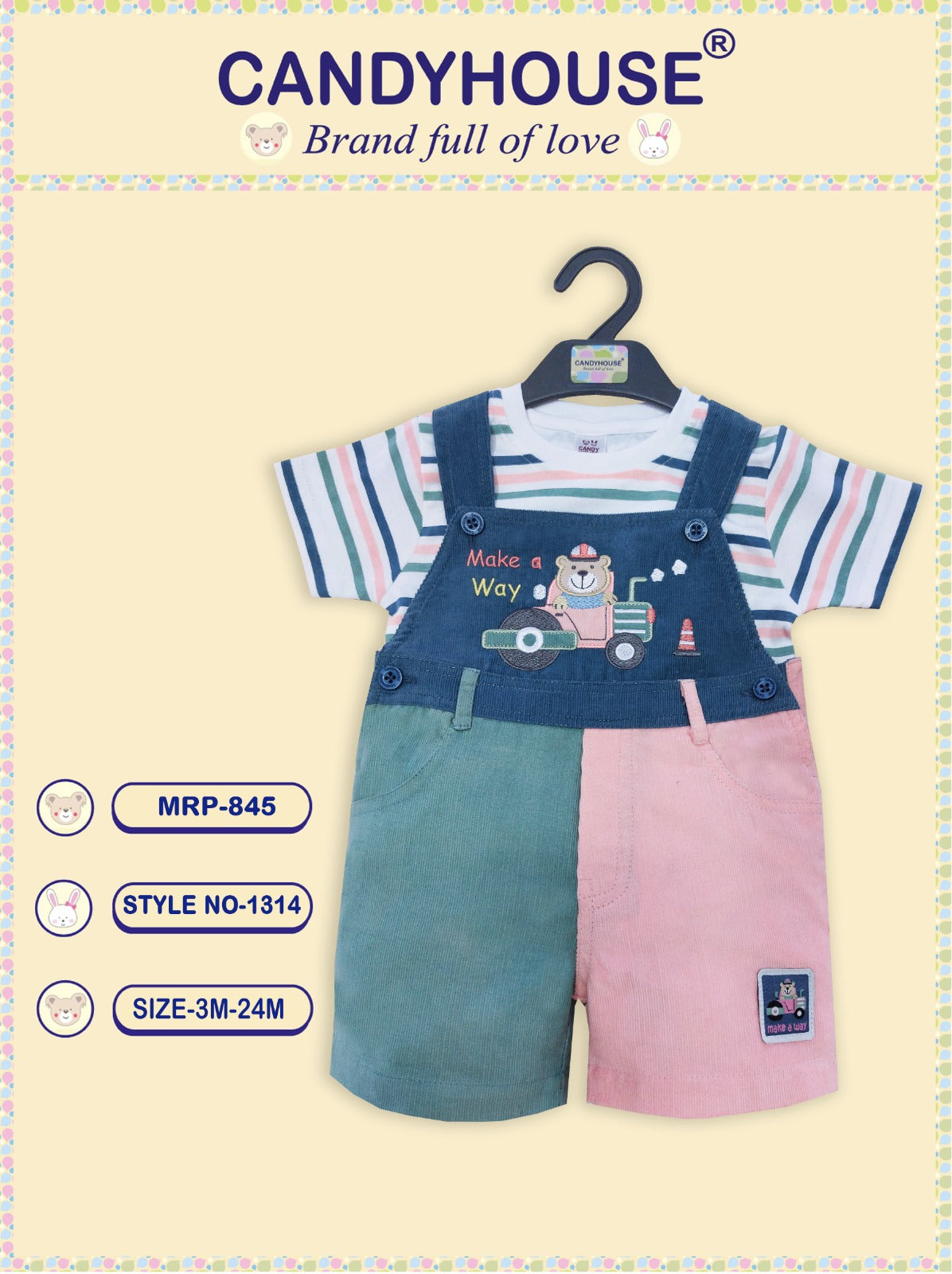CandyHouse Cotton Woven Corduroy Embroidered Dungaree with Half Sleeves Striped T-Shirt - Pink & Navy Blue