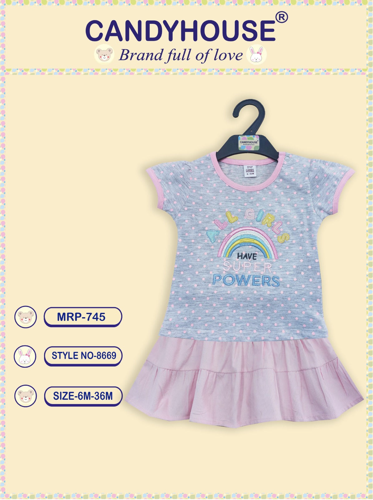 CandyHouse Cotton Knit Half Sleeves Top & Skirt Set With Dots & Embroidery - Pink & Grey