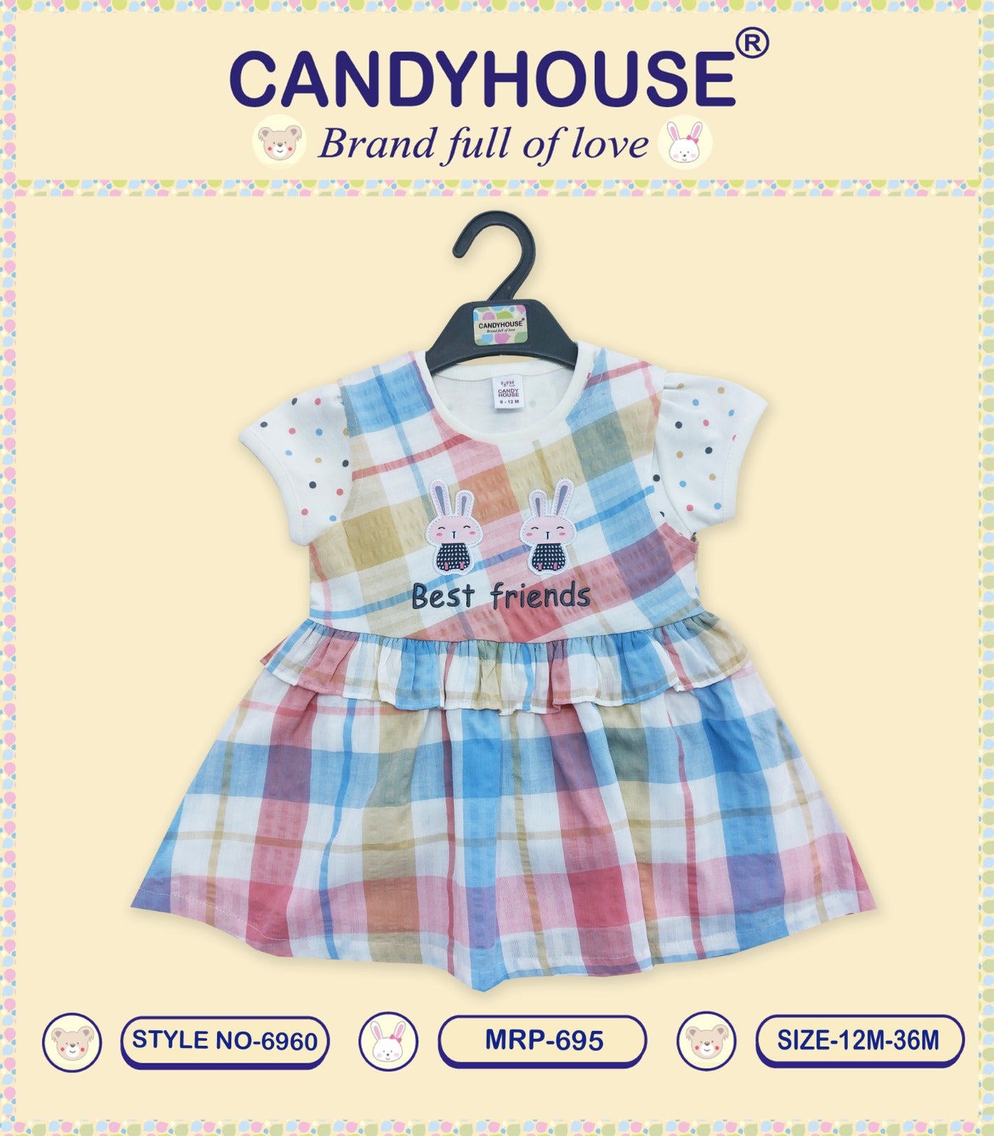 CandyHouse Knitted Woven Half Sleeves Inner T-Shirt Dotted & Checkered Frock with Embroidery - Multicolour