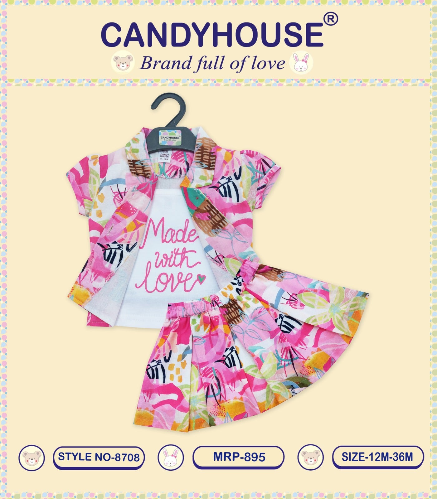 CandyHouse Knit Half Sleeves Top & Cotton Skirt Set with Overcoat  Floral Print - Pink (Copy)