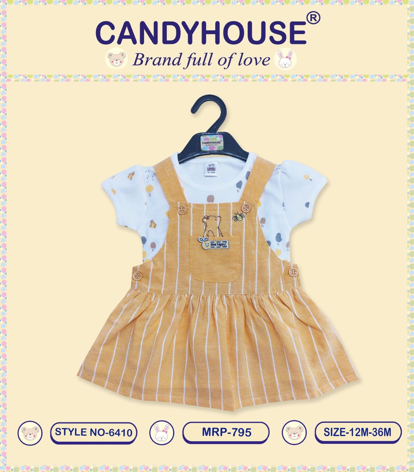CandyHouse Knitted Woven Half Sleeves Inner T-Shirt & Cotton Lining Frock with Teddy Applique - Mustard