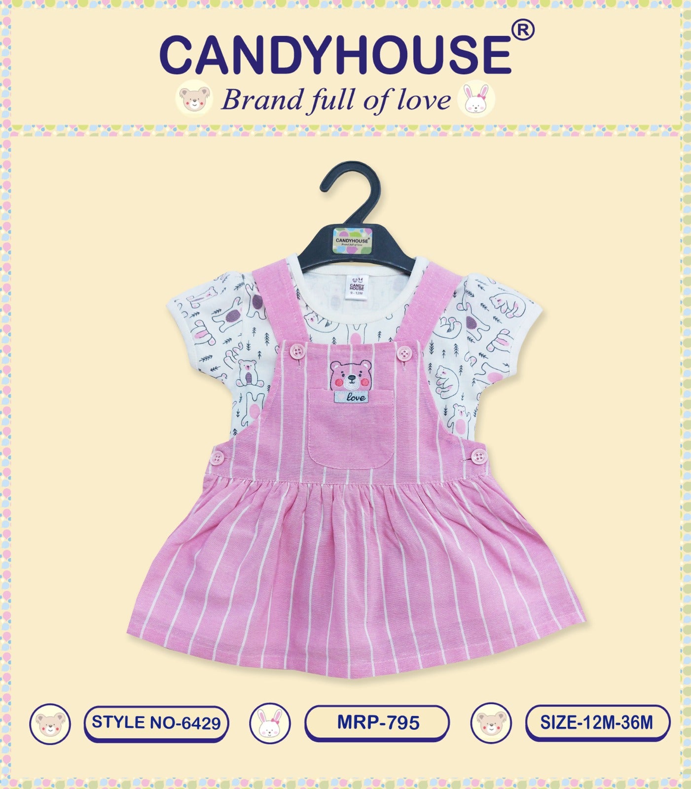 CandyHouse Knitted Woven Half Sleeves Inner T-Shirt & Cotton Lining Frock with Teddy Applique - Pink