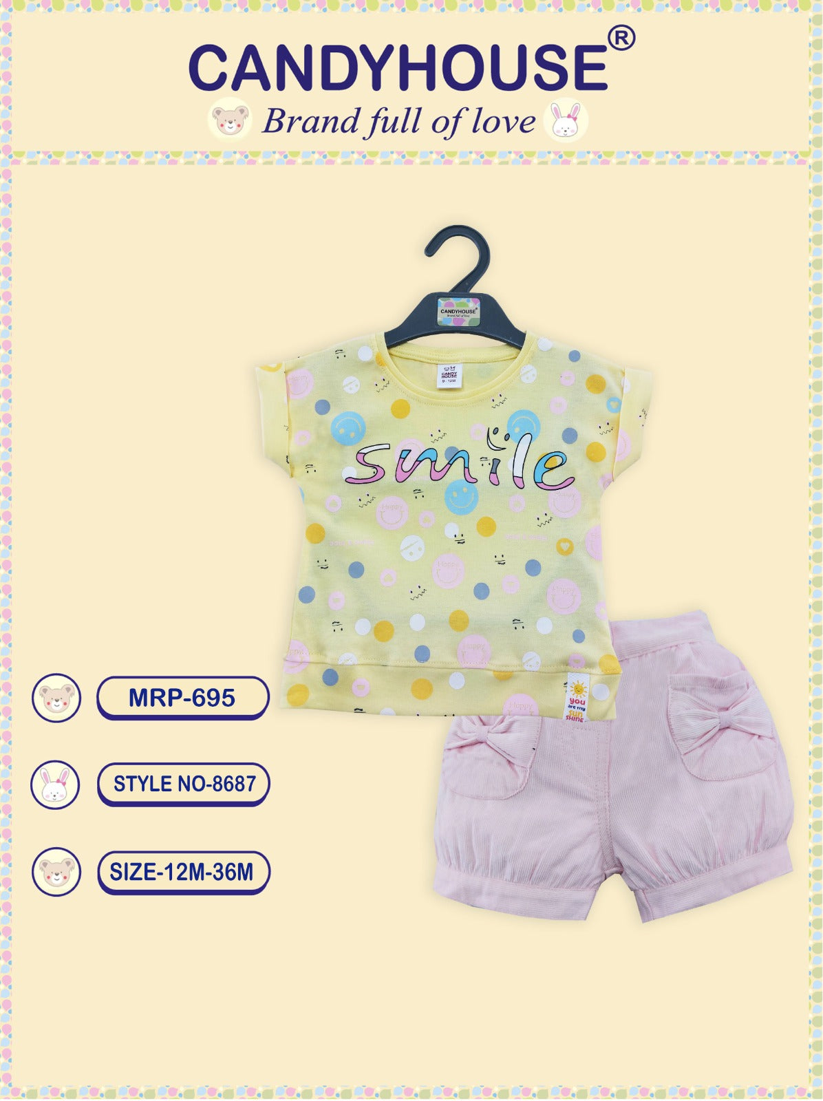 CandyHouse 100% Cotton Knit Half Sleeves Printed Top & Shorts Set - Yellow & Pink