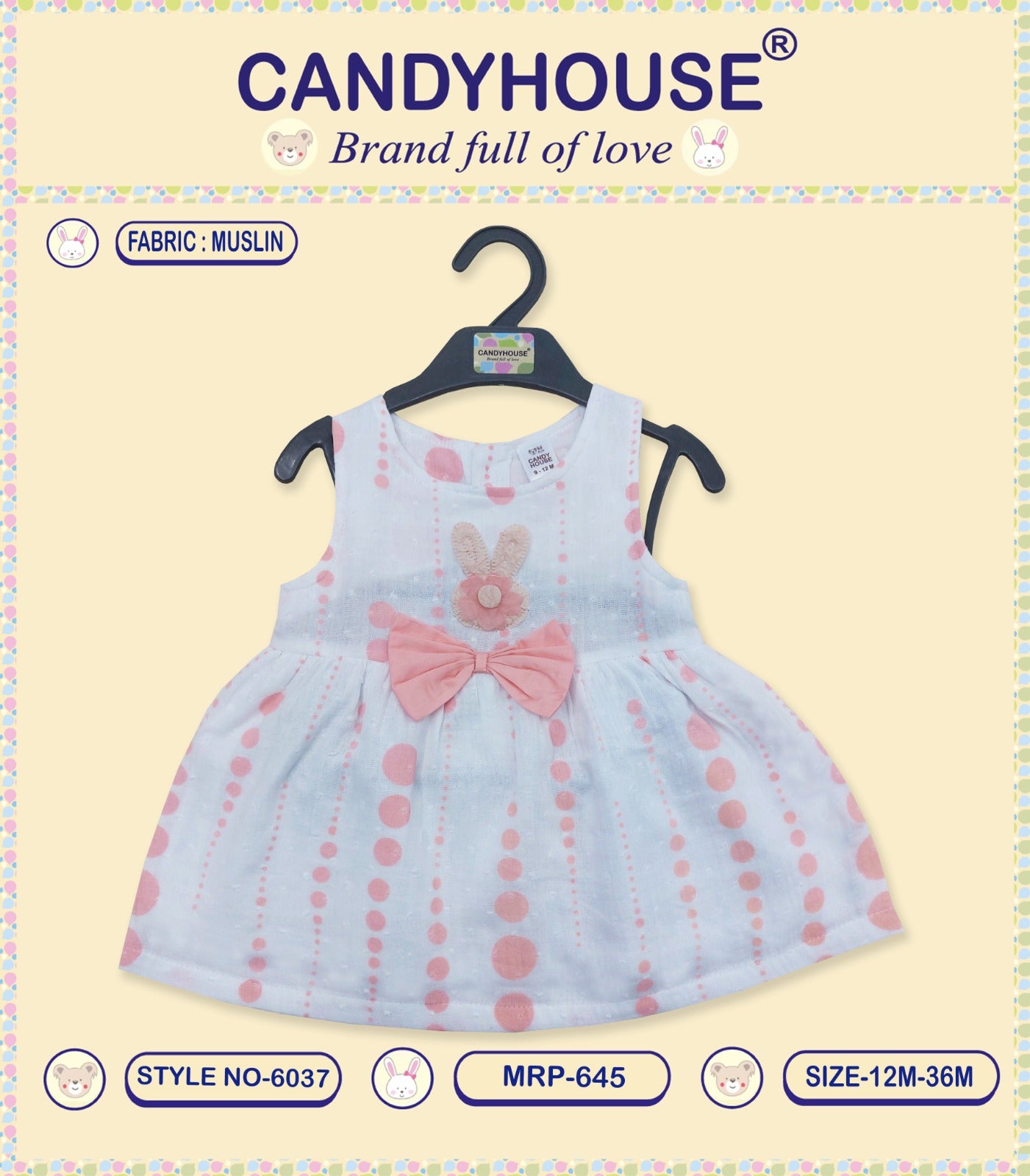 CandyHouse Muslin Cotton Sleeveless Dotted Frock - White & Peach