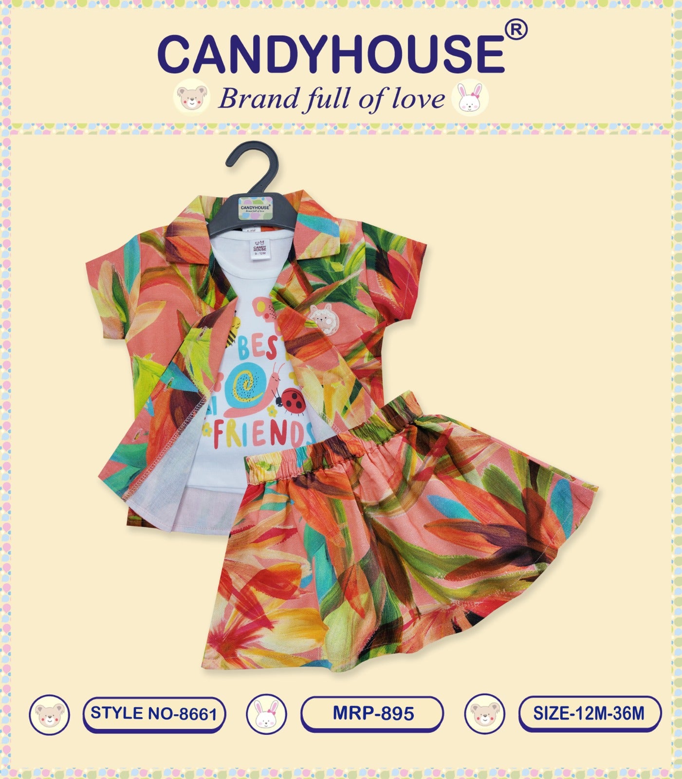 CandyHouse Knit Half Sleeves Top & Cotton Skirt Set with Overcoat  Floral Print - Orange