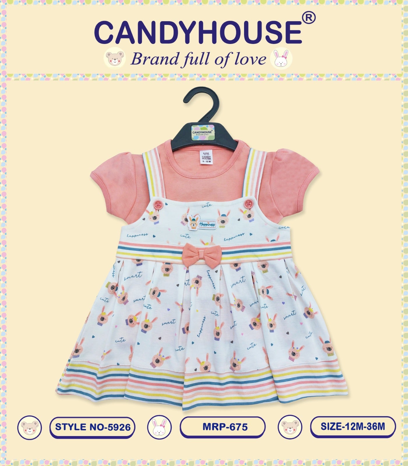 CandyHouse Knitted Woven Half Sleeves Inner T-Shirt & Frock with all over prints and bow - Peach