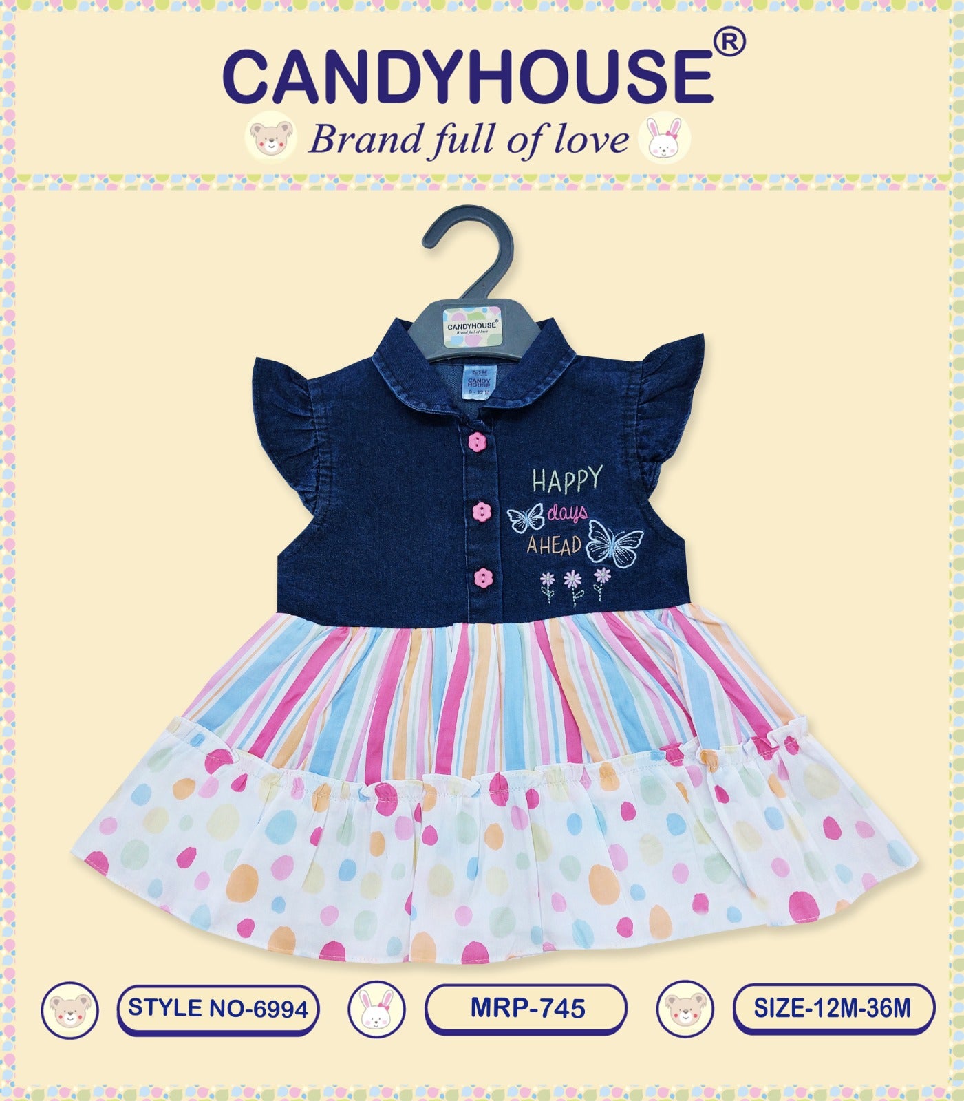 CandyHouse Denim  and Cotton Sleeveless Front Open Embroidered Frock - White