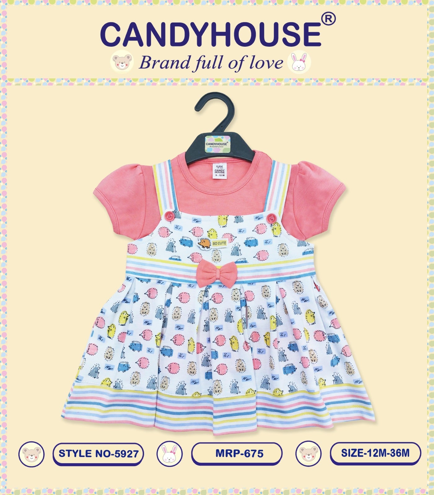CandyHouse Knitted Woven Half Sleeves Inner T-Shirt & Frock with all over prints and bow - Peach